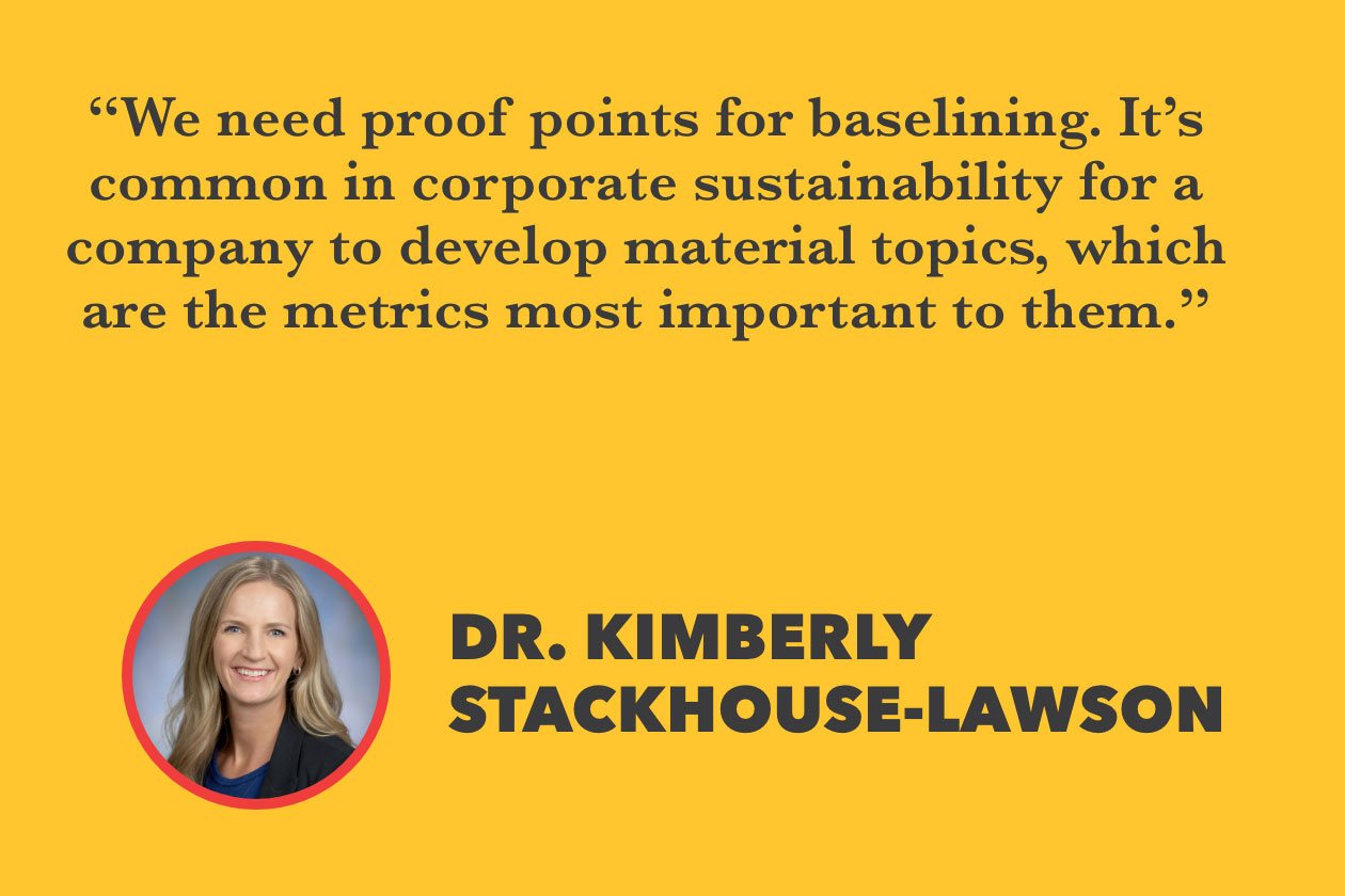 “We need proof points for baselining. It’s common in corporate sustainability for a company to develop material topics, which are the metrics most important to them.” ~ Dr. Kimberly Stackhouse-Lawson