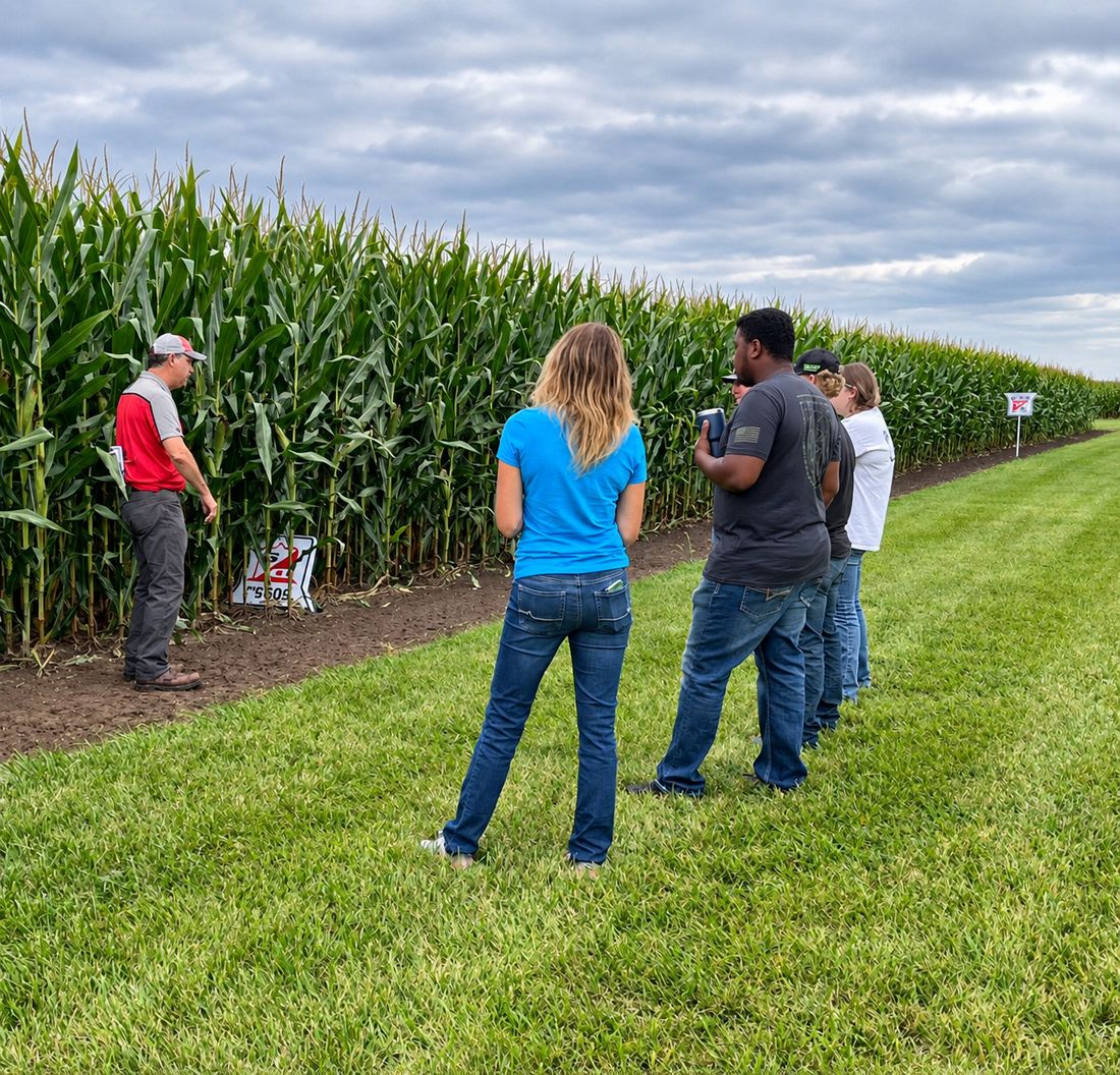 A Dairyland Seed agronomist talking with growers at the edge of a corn plot